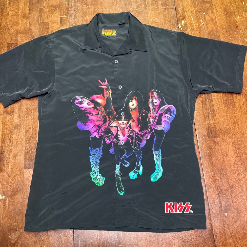 KISS Button Up Shirt Mens XL Black‎ 2002 Vintage Graphic Rock Band Short Sleeve